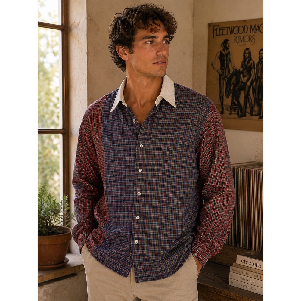 Ralph Lauren Mens Plaid Patchwork Shirt Custom Fit Contrast Collar Large 16 L
